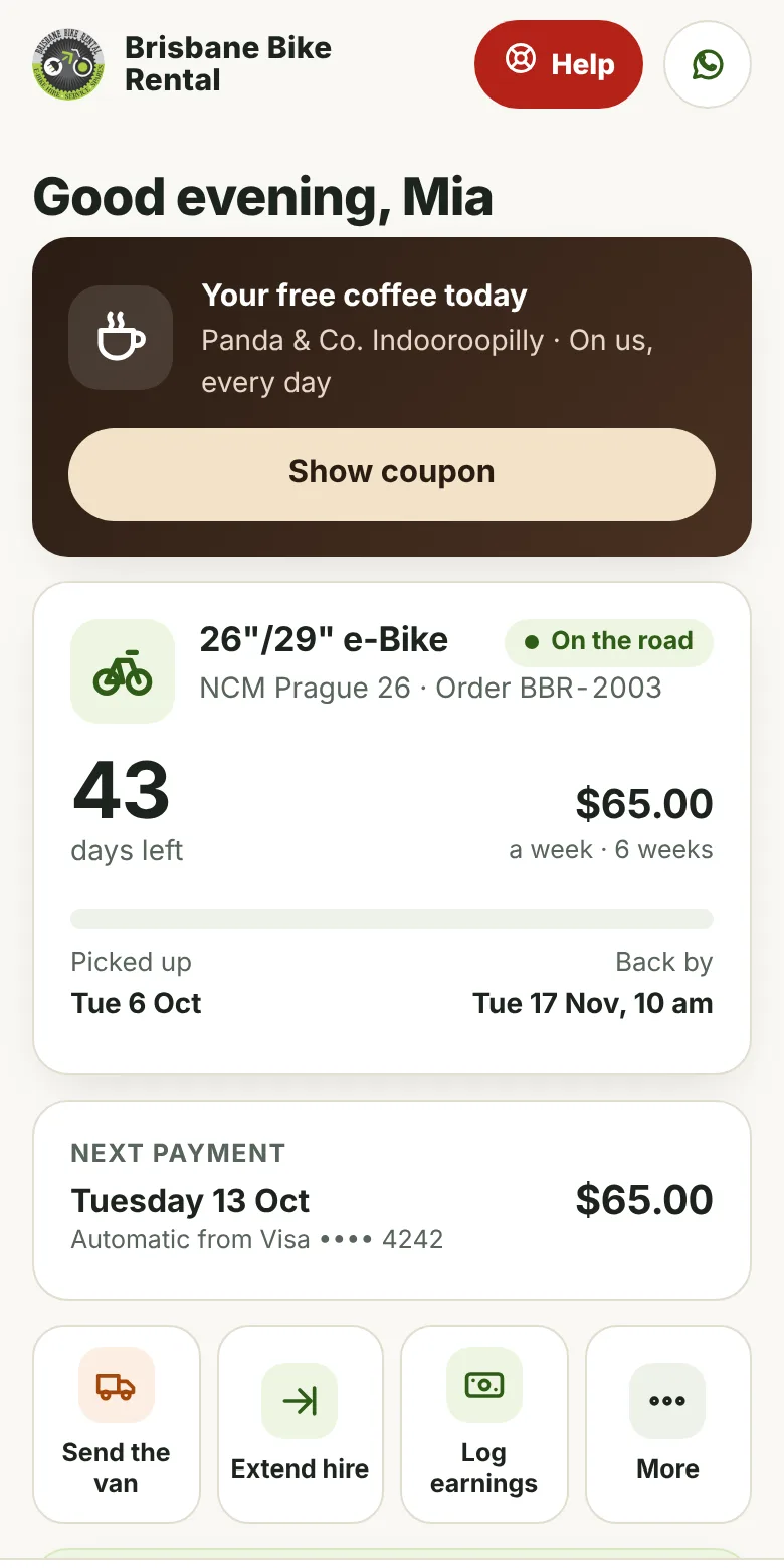 The Brisbane Bike Rental rider app: free daily coffee, your hire, next payment and quick actions