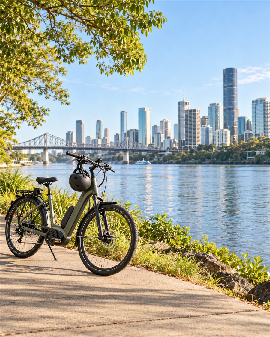 A commuter e-bike beside the Brisbane River with the city skyline behind it